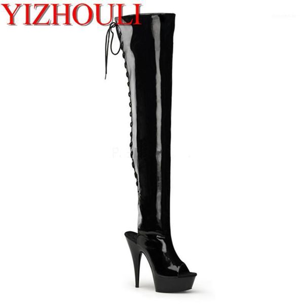 

boots fashion 6 inch thigh high open toe designer 15cm over the knee stiletto heels platform heel1, Black