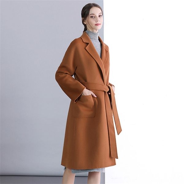 

wide lapel women wool coat with belt loose woolen women coat open stitch winter wool jacket casaco feminino 201111, Black
