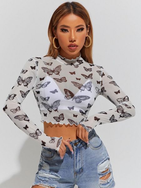 

petite butterfly print lettuce trim crop without cami f2ef#, White