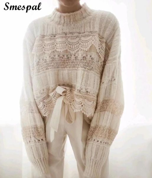 

women crochet lace patch striped sweet knitted long sleeve round neck sweater pullover jumpers in beige 2020 ladies clothes1, White;black