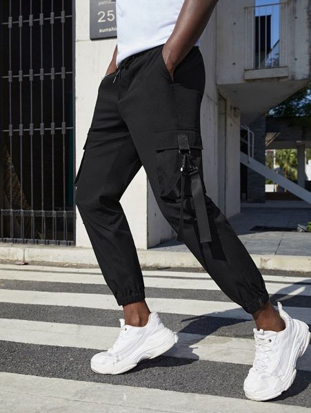 

men tape flap pocket carrot pants 02rl#, Black