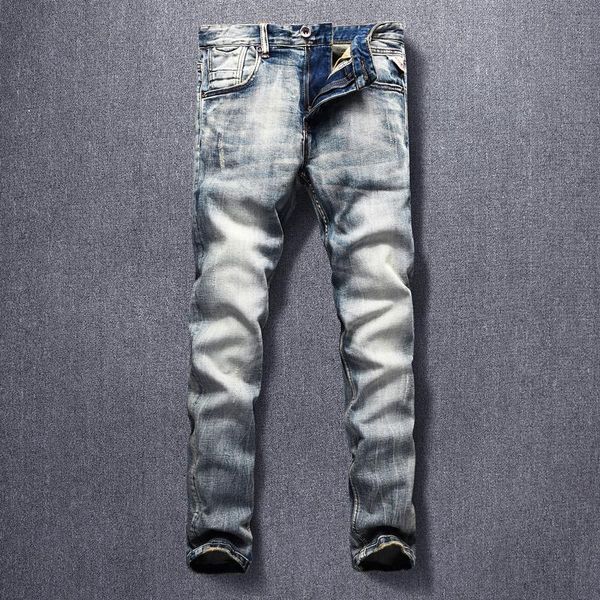 

italian style fashion men jeans elastic slim fit casual denim trousers retro wash vintage designer long pants homme, Blue