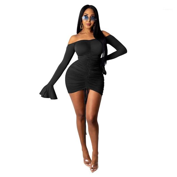 

designer dresses slash neck stacked drawstring womens dresses casual females flare sleeve backless dresses solid color womens, Black;gray