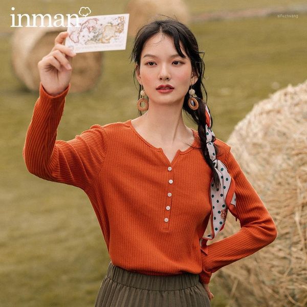

inman 2020 autumn new arrival t-shirt for women's v-neck contrast color lean cotton solid-color stripe long sleeve t-shirt1, White