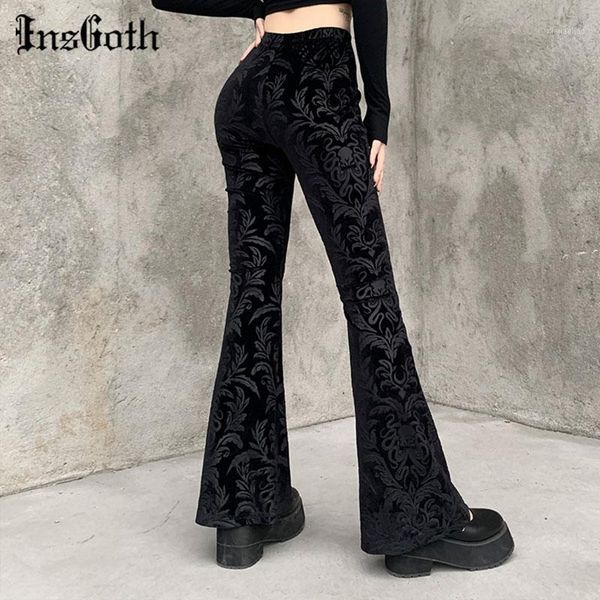 

insgoth retro gothic print black pants goth harajuku high waist flared pants women high street punk waist women trousers1, Black;white