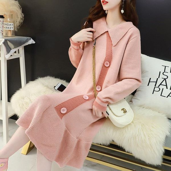 

2021 new woman's jersey fall and winter girl's dress mid-length long sleeve loose korean collar knitted or jfir, White;black