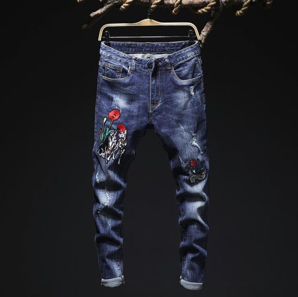 

men's hole embroidered stretch jeans straight slim trousers with rose flower patches blue denim pants cowboys for young man