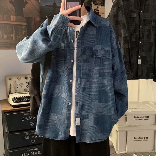 

2021 new spring denim male hawaiian shirt with long sleeves retro loose blue newly arrived 01lg nenc, White;black