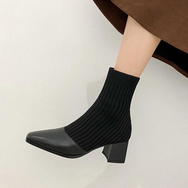 

fashion genuine leather knitting ladies ankle boots pointed toe high heels ladies boots night club shoes woman size 41 42 43, Black