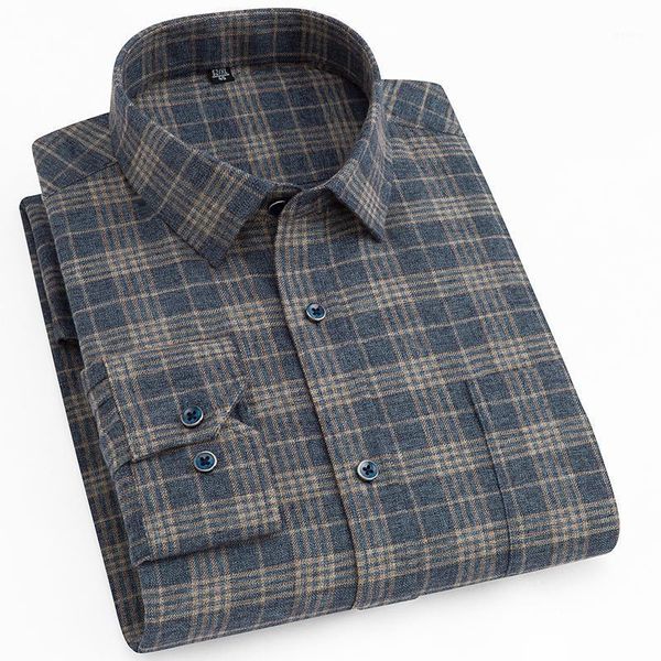 

men's fashion cotton brushed plaid checkered shirts single patch pocket long-sleeve standard-fit outerwear casual thick shirt1, White;black