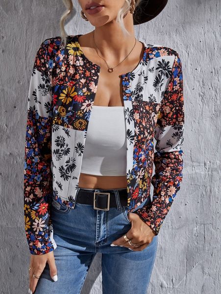 

floral print open front jacket z0jw#, Black;brown