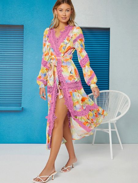 

x ji yeon lee belted tropical leaf print lace duster kimono v9sk#, White;black