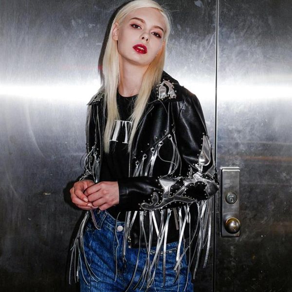 

women's leather & faux punk style hand made rivet beading tassel pu jacket female retro silver stitching motorcycle outerwear factory o, Black