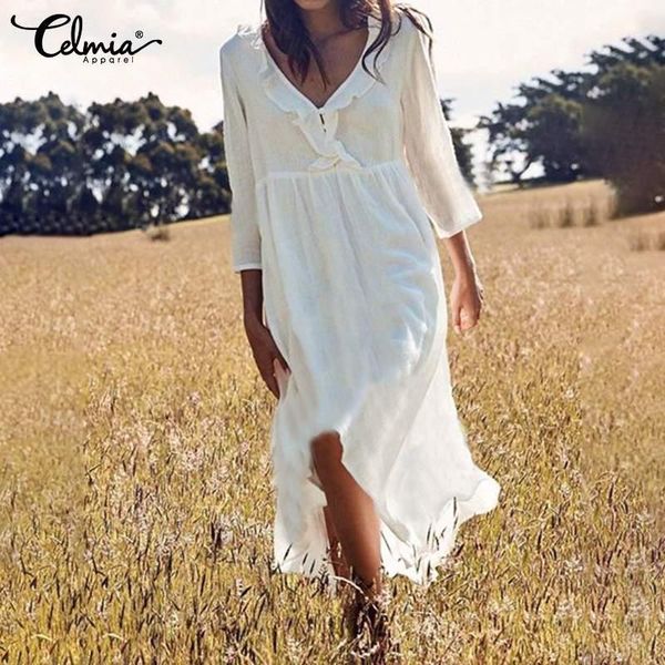 

bohemian women ruffled long shirt dress celmia 2020 summer sundress ladies v neck casual loose pleated beach vestidos plus size1, Black;gray