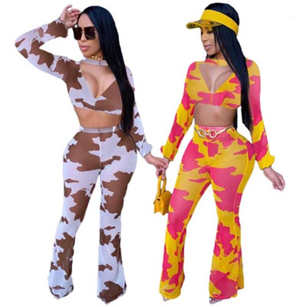 

short two piece pants ladies flared pants sets fashion trend long sleeve round neck suits designer female slim casual hip hop navel, White