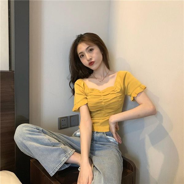 

women sweater 2021 korean version short sleeve sweet solid short girl early autumn knitted pullovers ns4514, White;black