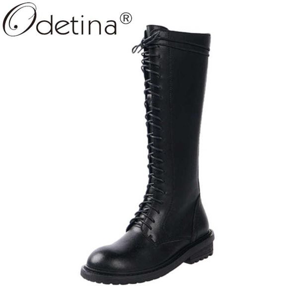 

boots odetina women fashion cross-tied round toe zip up knee high ladies block mid heel cow leather side zipper motorcycle, Black