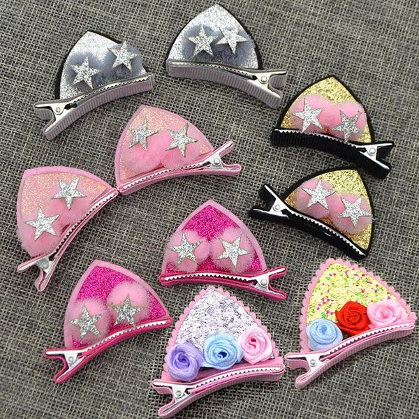 

2pcs/set cute hair clips for girls glitter rainbow felt fabric flowers hairpins cat ears barrettes kids hair accessories, Slivery;white