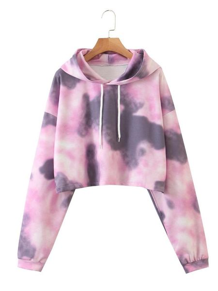 

womens pink tie-dye cropped hoodie sport casual drawstring raglan sweatshirt fashion spring autumn short relaxed fit outfit top, White;black