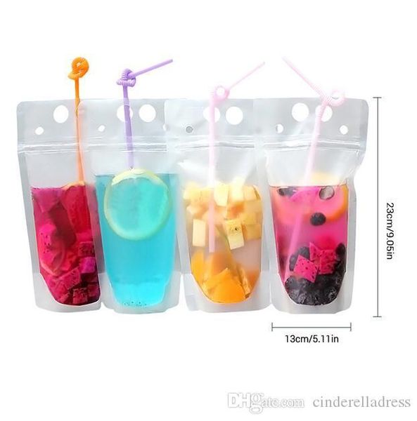 

us stock clear drink pouches bags frosted zipper stand-up plastic drinking bag with straw with holder reclosable heat-proof