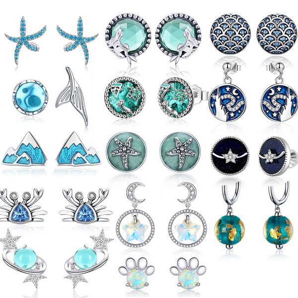

bamoer sea blue clear cz stud earrings for women 925 sterling silver wave starfish round planet star jewelry earring, Black