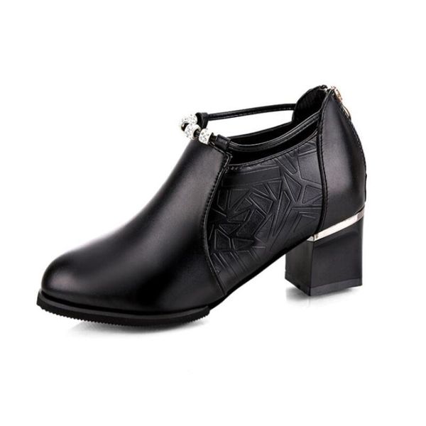 

autumn and winter new ladies pointed toe nude boots thick heel zipper fashion boots beaded college women's leather shoes, Black