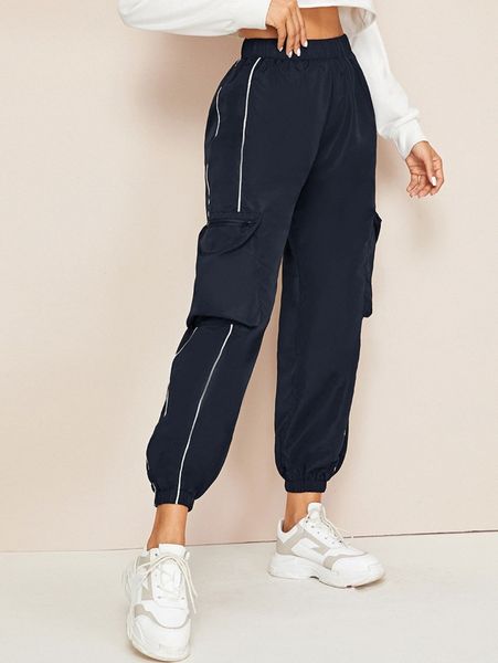 

contrast tape zipper pocket cargo pants t38p#, Black;white