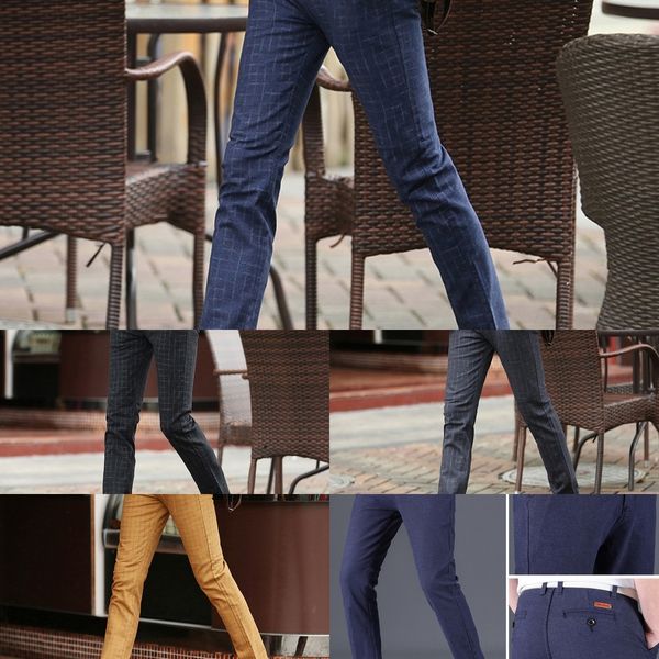 

ro3bn summer pants men's cotton and linen slim-fit stretch sanding youth plaid pants casual pantscotton linen chinos men's skinny, Blue