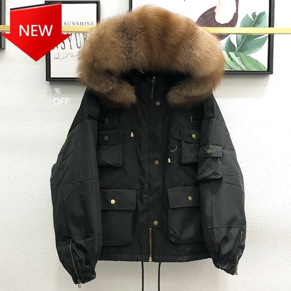 

women's down & parkas thicken warm winter coat women short loose feather snow 90% white duck jacket real raccoon fur hooded 2021, Black
