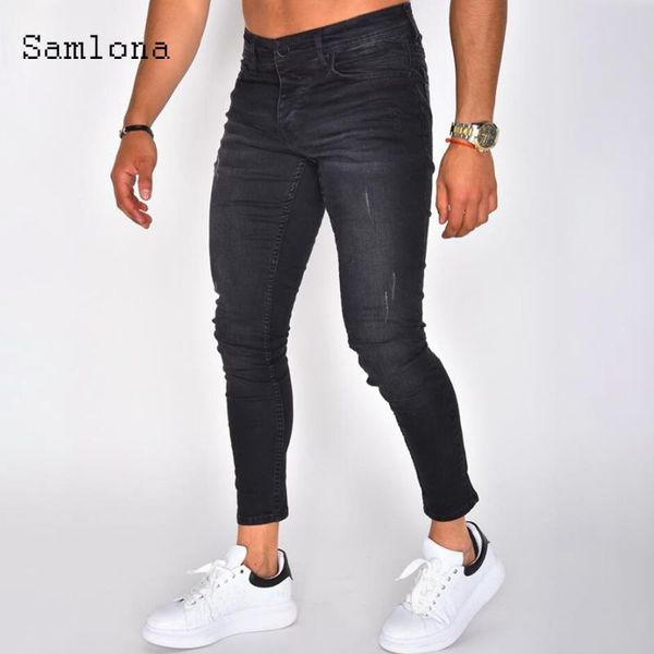 

men's jeans samlona mens fashion skinny denim pant male 2021 slim fitted pants streetwear pencil black punk style trousers, Blue