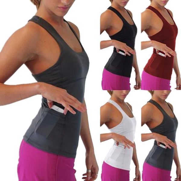 

women spandex sports gym vest with phone pocket tank fitness sleeveless t shirt lady bottoming tees streetwear running tanks, White
