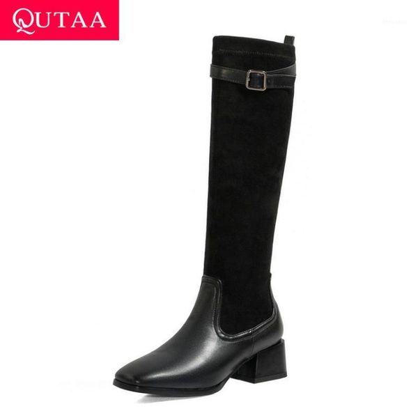 

boots qutaa 2021 buckle square heel autumn winter knee high patchwork pu flock long retro toe women shoes size34-431, Black