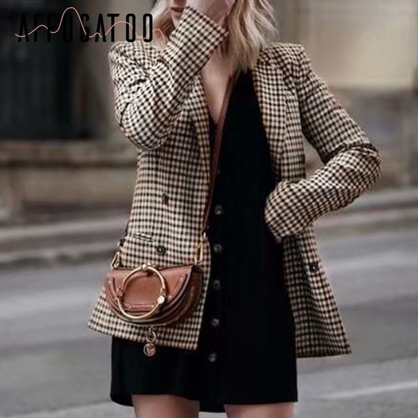 

affogatoo fashion double breasted plaid blazer women long sleeve slim ol blazer casual autumn jacket blazer female 201023, White;black