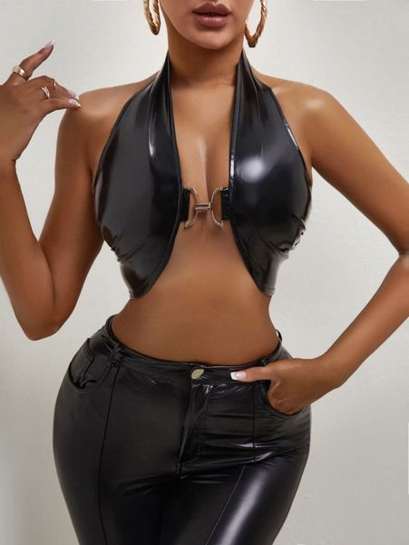 

sxy backless plunging neck crop pu leather halter j3uc#, White