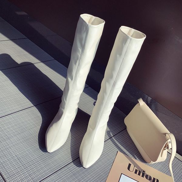 

2021 new are fashionable autumn leather boots comfortable women's stretch breathable at knee height shoes 4h85, Black