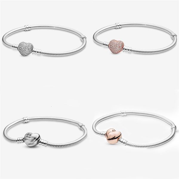 

classic wholesal 16-21cm 925 silver heart button bracelet snake chain clasp fit european beads for pandora bracelet charm beads bangle jewel, Golden;silver