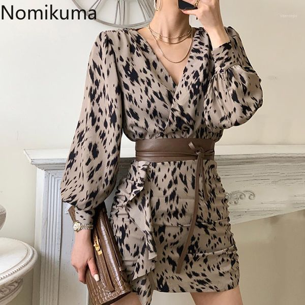 

nomikuma korean leopard women dress elegant sashes slim waist dresses puff long sleeve v-neck ruffle a-line mini vestidos 6d9191, Black;gray
