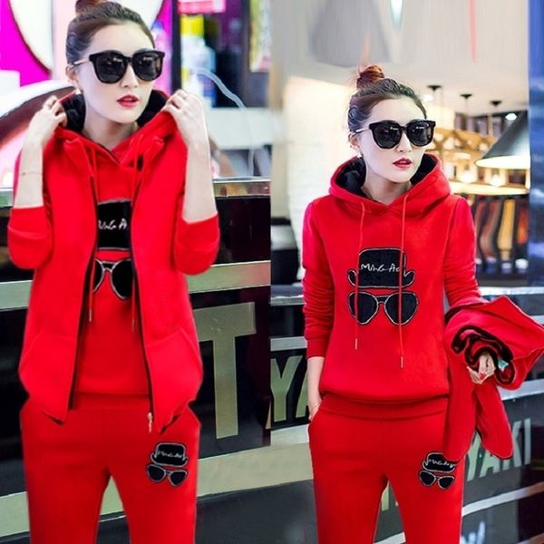 

fashion women suit women's tracksuits casual set with a hood fleece sweatshirt three pieces set 201029, White