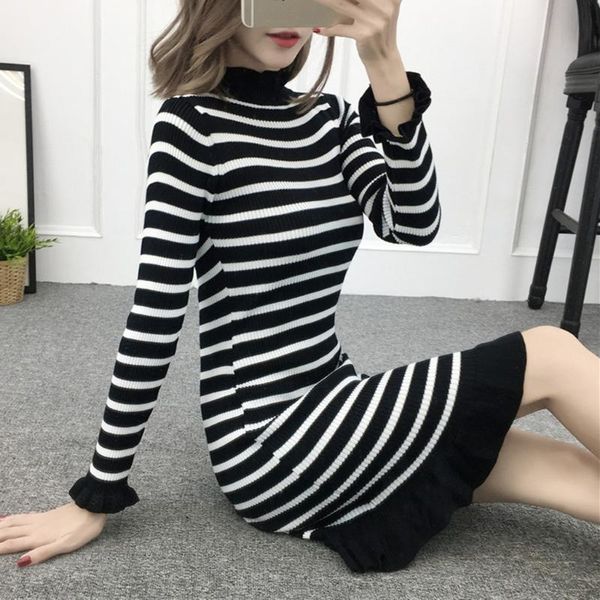 

ladies casual ruffled collar women dress knee-length high waist striped slim dresses korean style spring butterfly sleeve dress, Black;gray