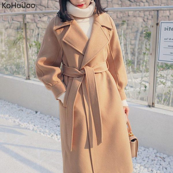 

kohuijoo x-long wool coat women 2019 spring autumn solid lantern sleeve woolen coat female jacket slit outwear pink beige1, Black