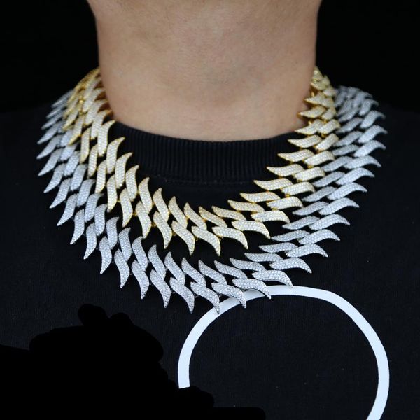 

hip hop cuban link chain 3 row cz paved iced out bling spiked 30mm width big heavy cuban chain necklace for men boy, Golden;silver