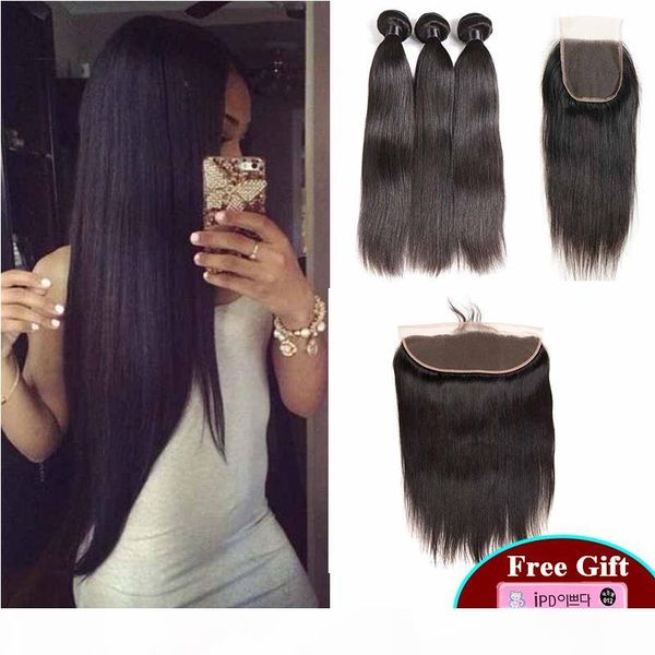 

malaysian human hair bundles with lace frontal closure straight 4pcs lot indian virgin hair weaves with 4x4 lace closure straight, Black;brown