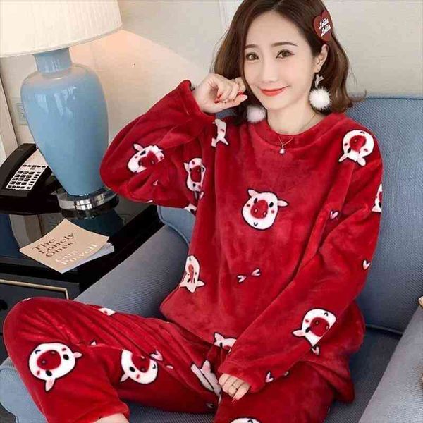 

womens pajamas set winter thick warm flannel pajama sets cartoon pyjamas women homewear animal sleepwear female pajama, Black;red