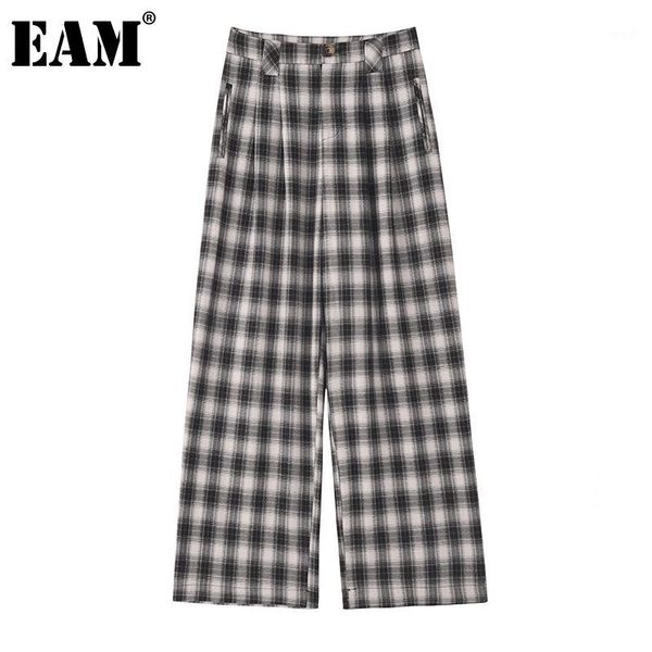 

women's pants & capris [eam] high waist plaid printed pleated long wide leg trousers loose fit women fashion tide spring autumn 2021 1z, Black;white