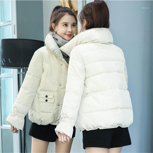 

winter women cotton jacket 2018 new short loose horn sleeve female outerwear stand collar dark buckle warm ladies parkas cw2391, Black