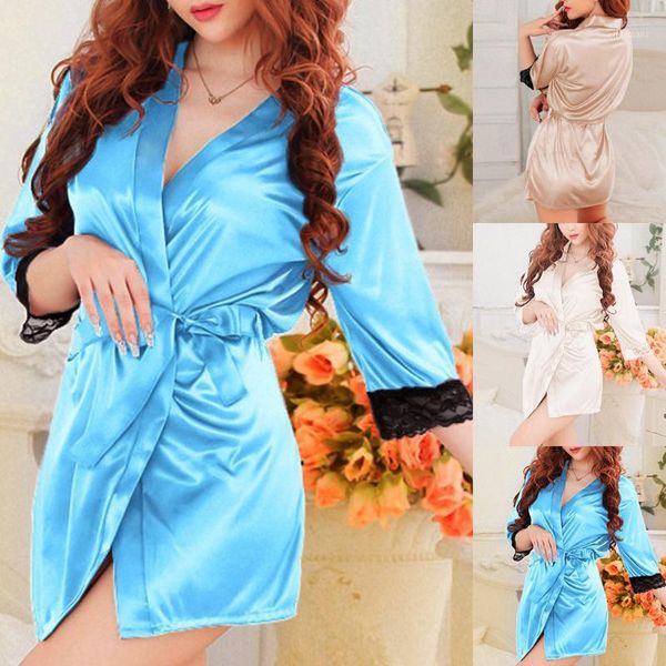 

women ladies lace silk underwear lingerie sleepwear nightdress robe dress peignoir satin 2020 femme fjsl1, Black;red