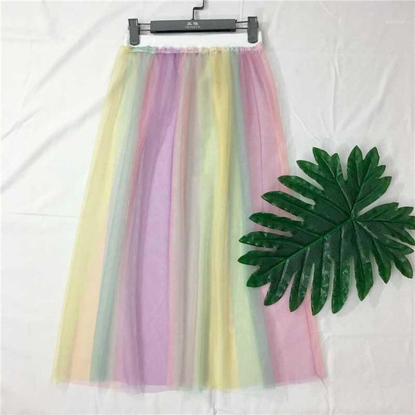 

2020 petticoat colorful tutu mesh skirt women elastic high waist rainbow striped transparent tulle tutu midi skirt1, Black