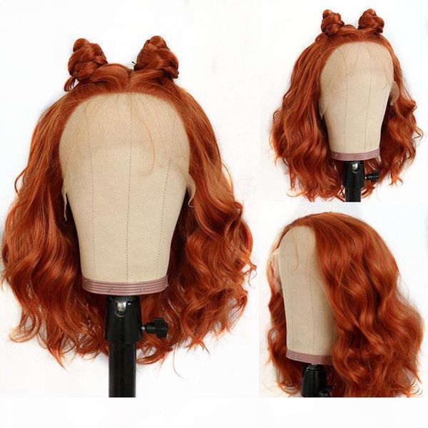 

orange short bob wavy hair lace wigs glueless with baby hair heat resistant synthetic lace front wigs for fashion women, Black