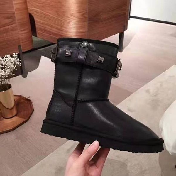 

woman paris snow boots genuine leather buckle rivets studs wool fashion designer new luxury catwalk boots shoes, Black