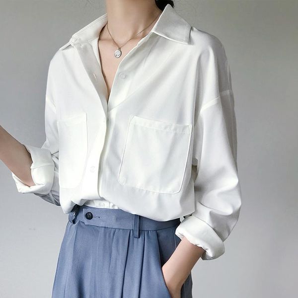 

style white shirts for women turn-down collar pockets women blouse elegant workwear female 2020 autumn